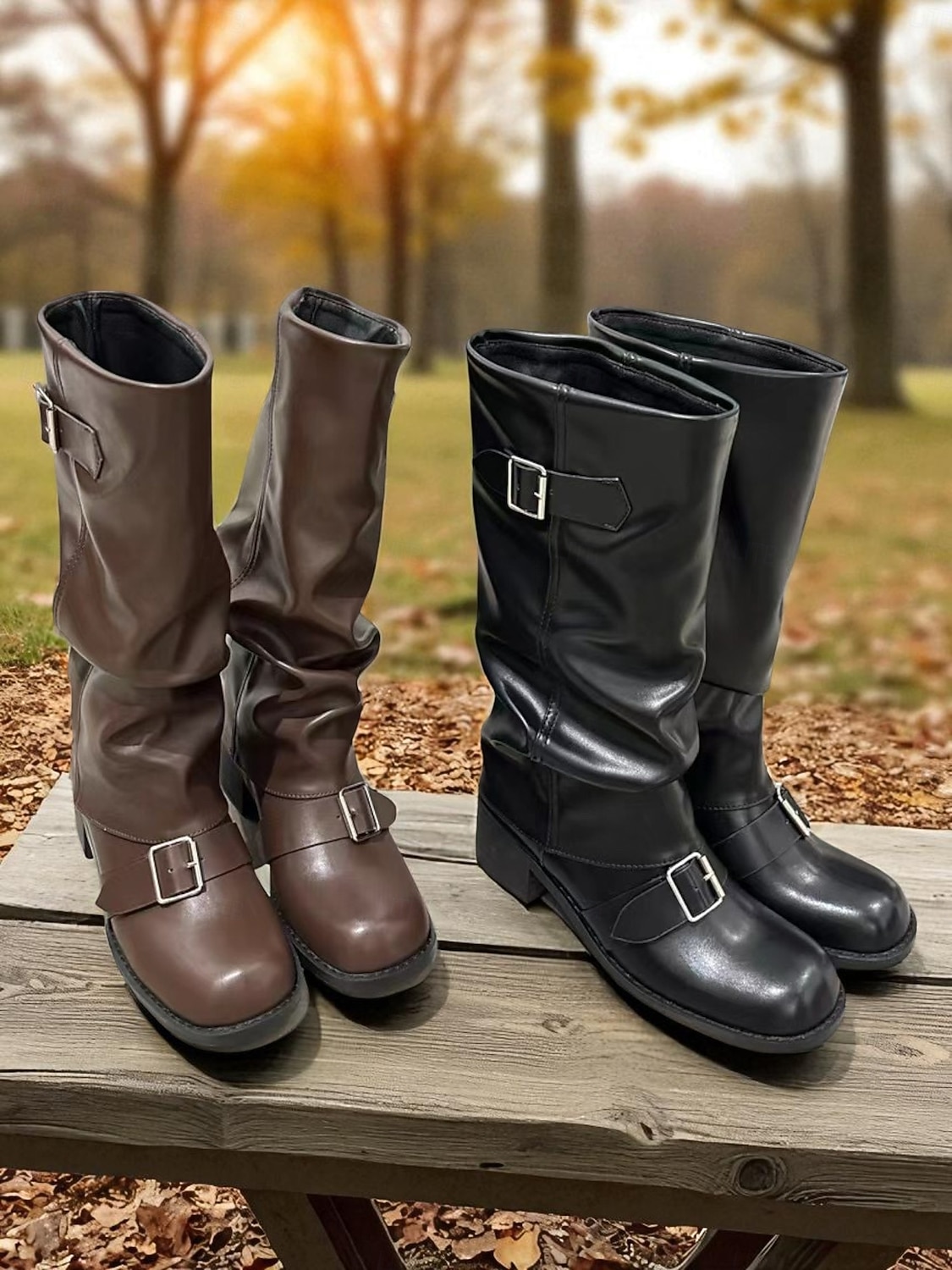 Bottes d'équitation marron pour femmes - style équestre souple en similicuir avec sangles à boucle et talon bas, chaussures décontractées d'automne et d'hiver pour événements en plein air, festivals de 2025 ? $54.99 –P2