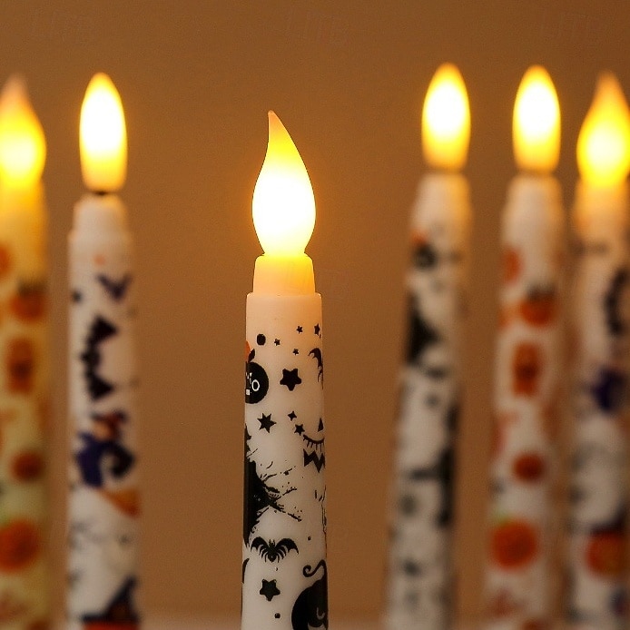 Candele a LED senza fiamma con motivo colorato di Halloween, candelieri a batteria con telecomando a 11 tasti e timer, luci a fiamma tremolante 3D per cene, decorazioni per interni, regali (6 pezzi del 2025 a $22.99 –P6
