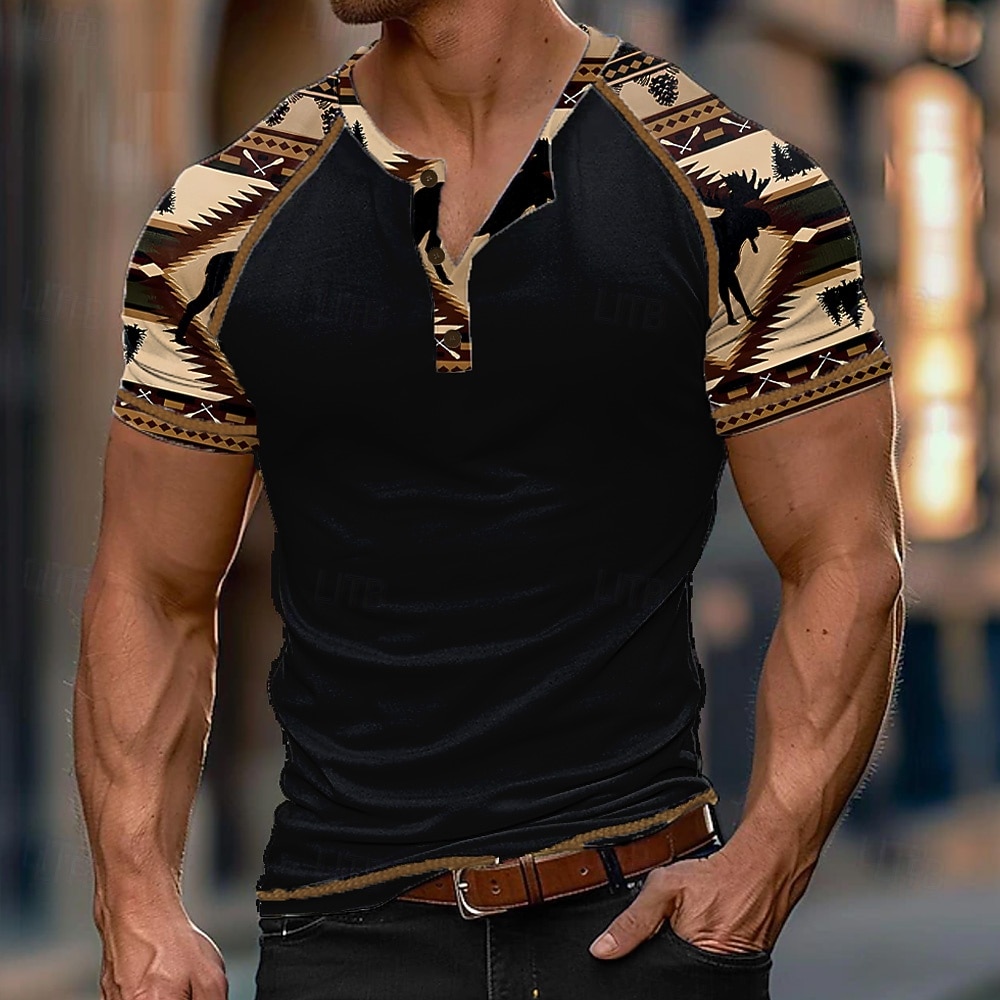 Men's Graphic Henley Shirt Short Sleeve T shirt 3D Print Henley Shirt Fashion Designer Ethnic Casual Daily Black Khaki Summer Clothing Apparel S M L XL XXL XXXL 2026 - $20.99 –P1