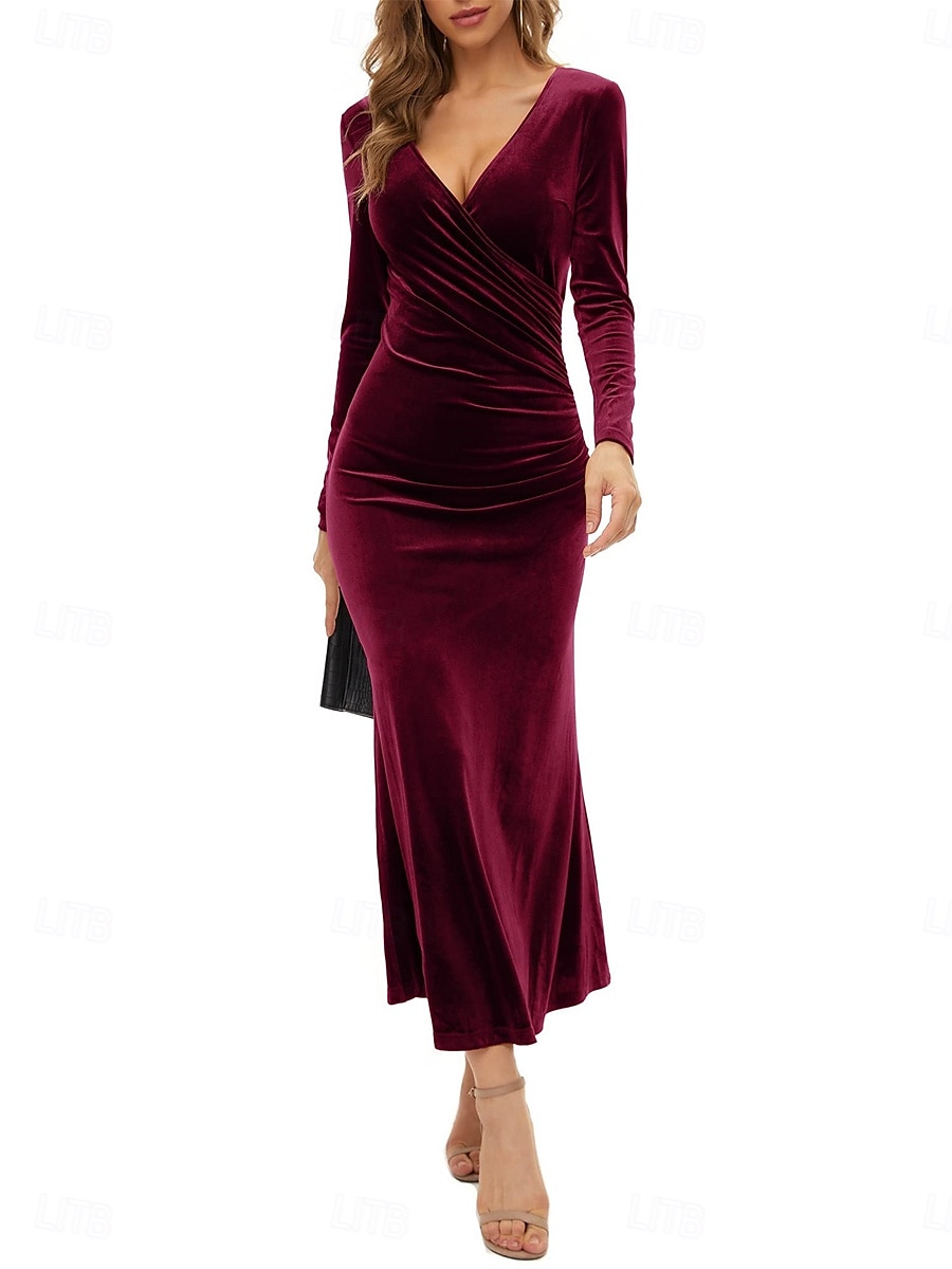 Femmes Robe Longue Maxi Robe Robe fourreau Élégant Sexy Coupe régulière Uni manche longue Col en V Noir Vin Vert foncé Violet Printemps Automne de 2025 ? $27.99 –P2