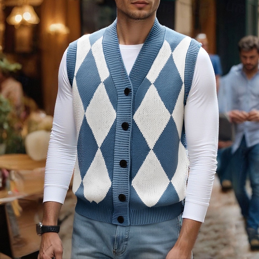 Herr Tröja väst Cardigan Tröja Ribbad Sticka Knappar Stickat Geometrisk V-hals Modernt Modernt Dagliga kläder Utekväll Kläder Ärmlös Höst vinter Svart Blå M L XL 2025 - $26.99 –P1