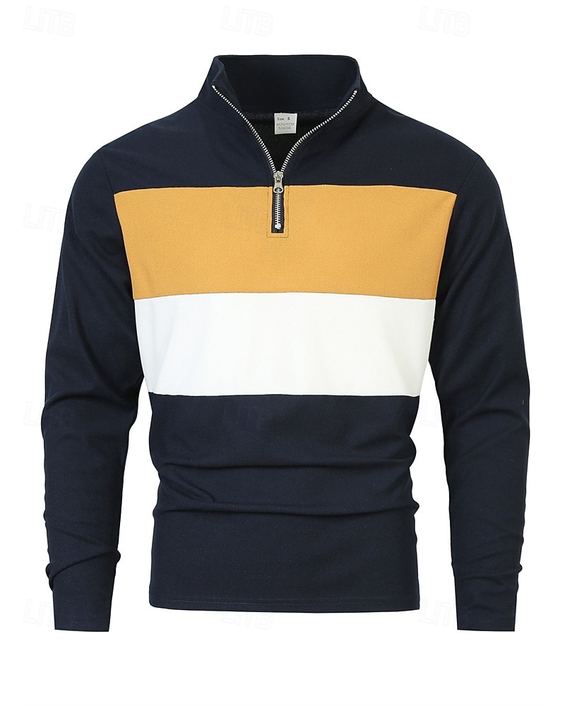 Herren Poloshirts Viertel-Reißverschluss-Poloshirt Alltagskleidung Date Viertelreißverschluss Langarm Mode Basic Farbblock Patchwork Reißverschluss Frühling Herbst Normale Passform Schwarz Wei 2025 - $18.99 –P8