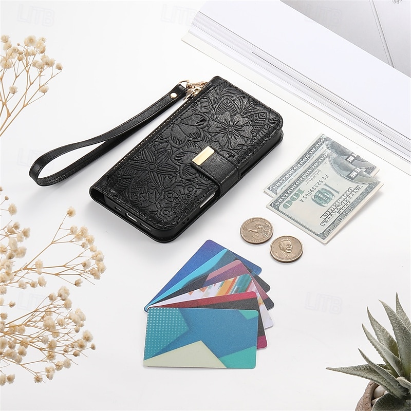 telefone Capinha Para iPhone 16 15 14 Pro Max Plus 16e 13 Pro Max Capa para Cartão Wallet Capa articulada Zíper com cordão com pulseira Árvore flor floral TPU Couro PU de 2025 por $14.99 –P3
