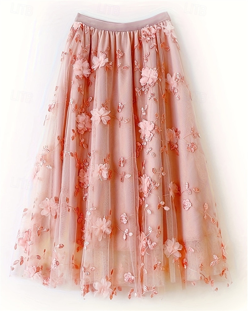 Damen Rock Schwingend Gazeröcke Mode Lässig Midi Mittlere Hüfthöhe Röcke Blumen Tüll Fließend Mikroelastisch Urlaub Straße Schwarz Weiß Rosa Grau Frühling Polyester 2025 - $25.99 –P8