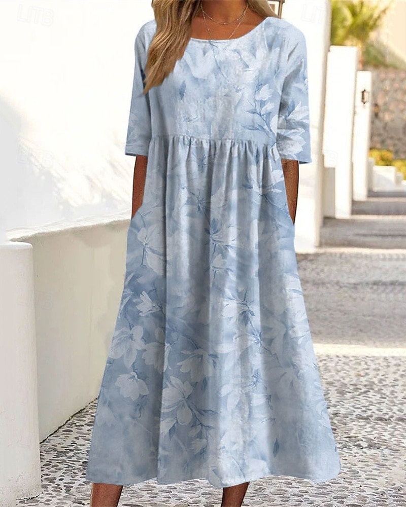 Women's Midi Dress Casual Dress Summer Dress Fashion Modern Daily Beach Weekend Regular Fit Flower Short Sleeve Crew Neck Blue Green Dark Blue Summer Spring 2026 - $25.99 –P2