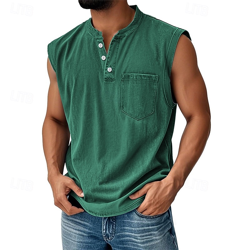 Herren Tank Top Weste Top Unterhemd Ärmellos Shirt Baumwolle Ärmellos Henley Sommer Einfarbig Mode Designer Basic Tasche Knöpfe Urlaub Street Ausgehen Schwarz Hellgrün Rosa Top Tee für Männer 2025 - $22.99 –P11