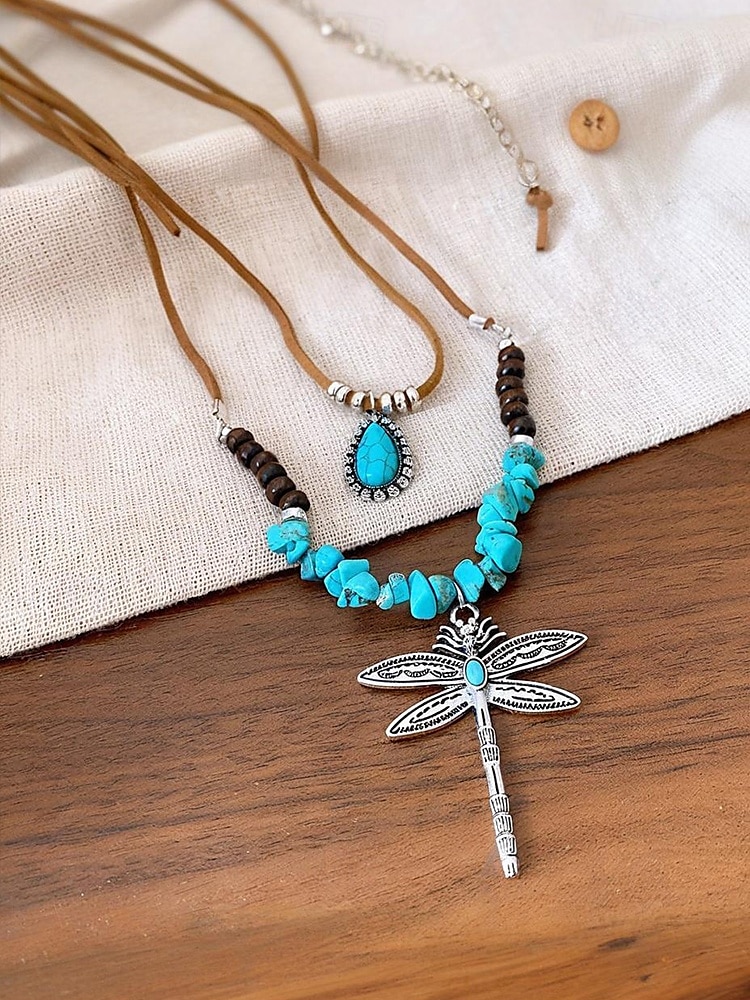 női réteges szitakötő türkiz nyaklánc – bohém medálékszer fesztiválokra, hétköznapi viseletre és ajándékba 2025 - $11.99 –P6