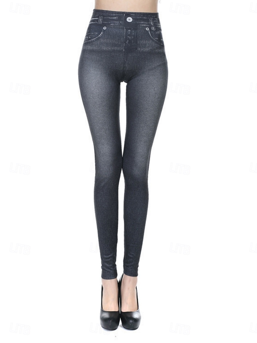 Mujer Polainas Activo Vacaciones Básico Longitud total Alta cintura Color sólido Estampado Transpirabilidad Suave Cómodo Elástico Negro Azul Gris Primavera Otoño Pitillo 2025 - $6.99 –P2