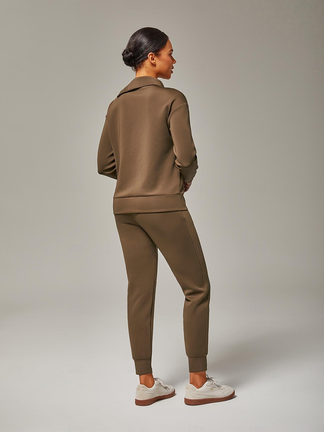 Calça de moletom feminina marrom elástica com zíper e fenda na cintura elástica, estilosa, confortável, casual, diária, trabalho, versátil, outono de 2025 por $72.99 –P5