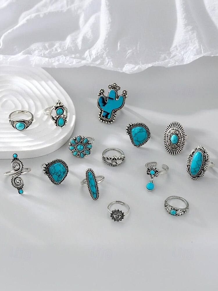 Women's Turquoise Ring Set - Multi-Piece Set of Vintage Bohemian Alloy Jewelry for Women's Holidays, Beach Vacations and Everyday Wear 2025 - $8.39 –P2