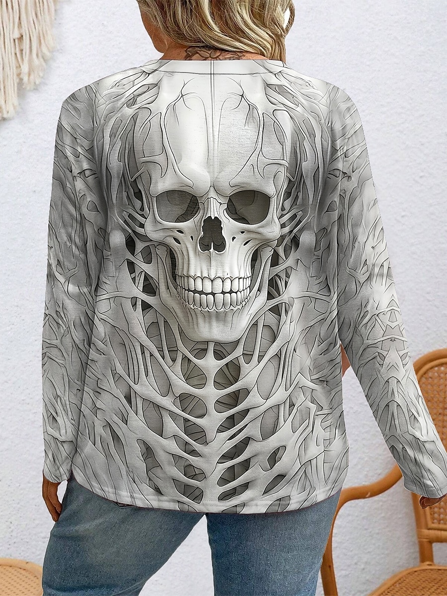 Dámské topy plus size s potiskem lebek, dlouhý rukáv, kulatý výstřih, ležérní, denní, polyester, podzim, zima, černá, bílá 2025 - $22.99 –P2