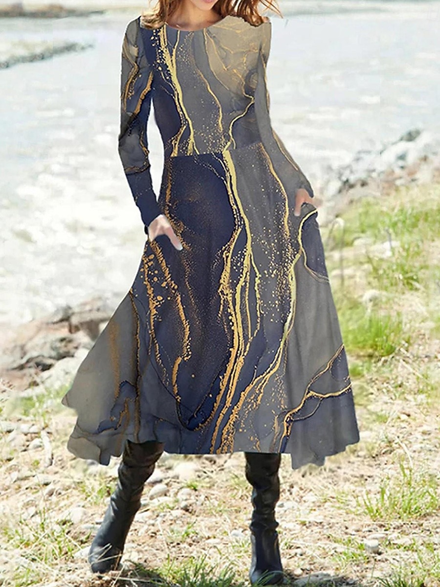 Damen Midikleid A Linie Kleid Figurbetontes Kleid Urlaub Lässig Täglich Ausgehen Normale Passform Ombre Grafik Geometrisch Langarm Rundhalsausschnitt Weiß Rosa Blau Grau Frühling Herbst Winter 2025 - $36.99 –P2