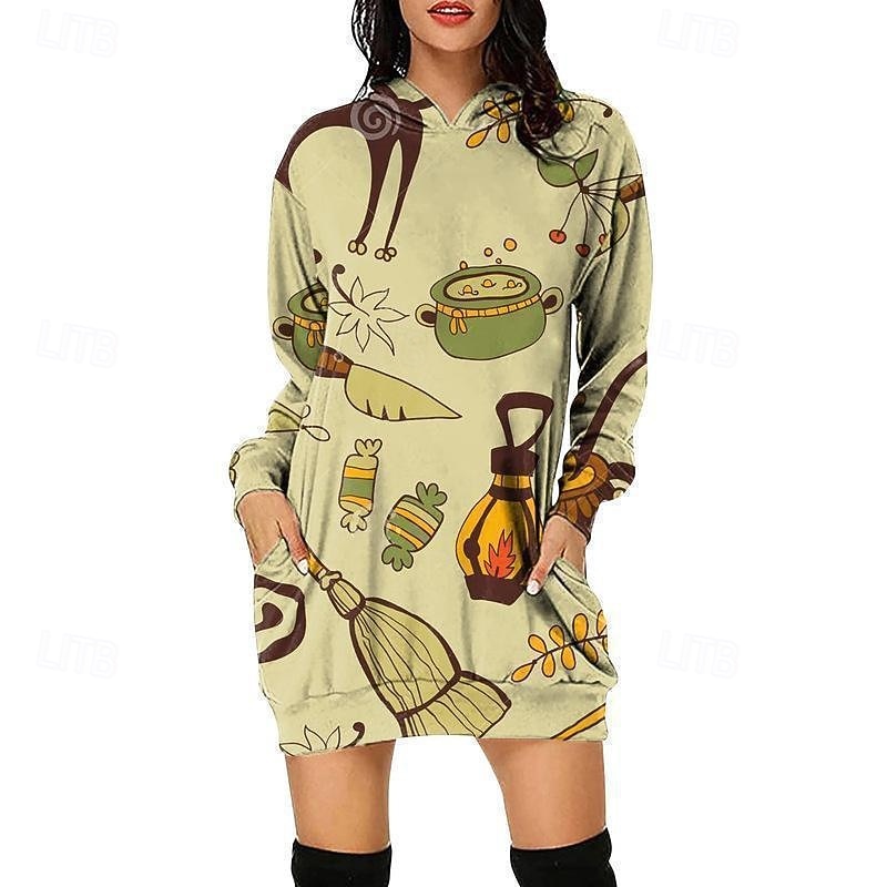 Femmes Mini Robe Robe à Capuche Robe Décontractée Mode Moderne Halloween Quotidien Week-end Coupe régulière Potiron manche longue À capuche Noir Blanche Jaune Rouge Printemps Automne de 2025 ? $19.99 –P2