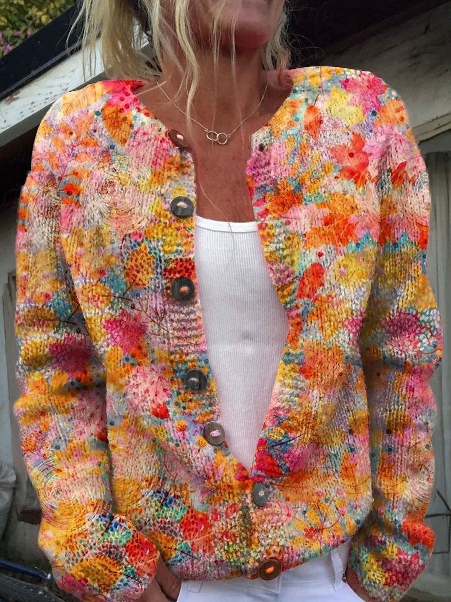 Damen Strickjacke Pullover Mit Wabenstruktur Knopfleiste Rundhalsausschnitt Langarm Leicht Damen Mode Alltag Lässig Blumengrafik Knopfprint Strick Outdoor Alltag Date Pink Orange Herbst Winter 2025 - $33.99 –P1