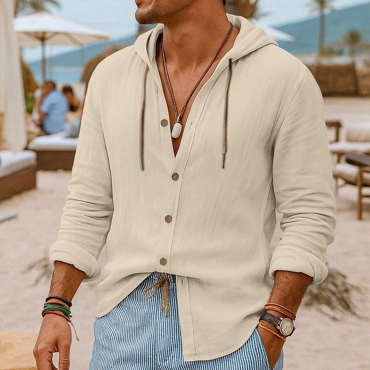 Herren Hemd Leinenhemd Strandbekleidung Knopfhemd Kapuzenhemd Einfach Urlaub Lässig Schwarz Weiß Blau Grün Langarm Mit Kapuze Sommer Frühling & Sommer Bekleidung Knöpfe 2025 - $25.99 –P1