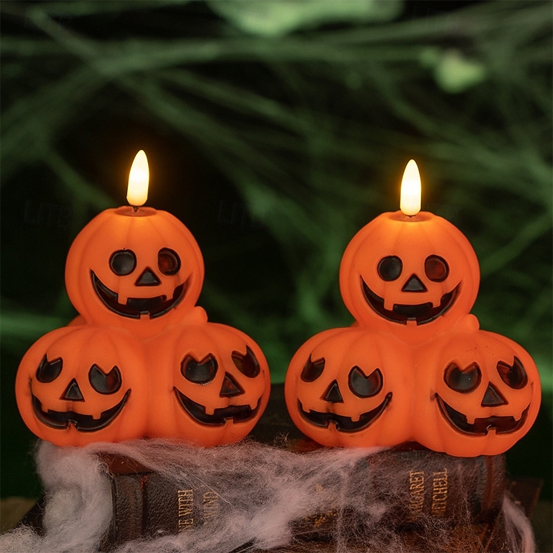 1 pz 10,7 * 10,2 cm zucca di Halloween a tre teste candela elettronica a led per interni ed esterni ristorante bar atmosfera divertente luce notturna batteria LR44 * 3 del 2025 a $4.99 –P3