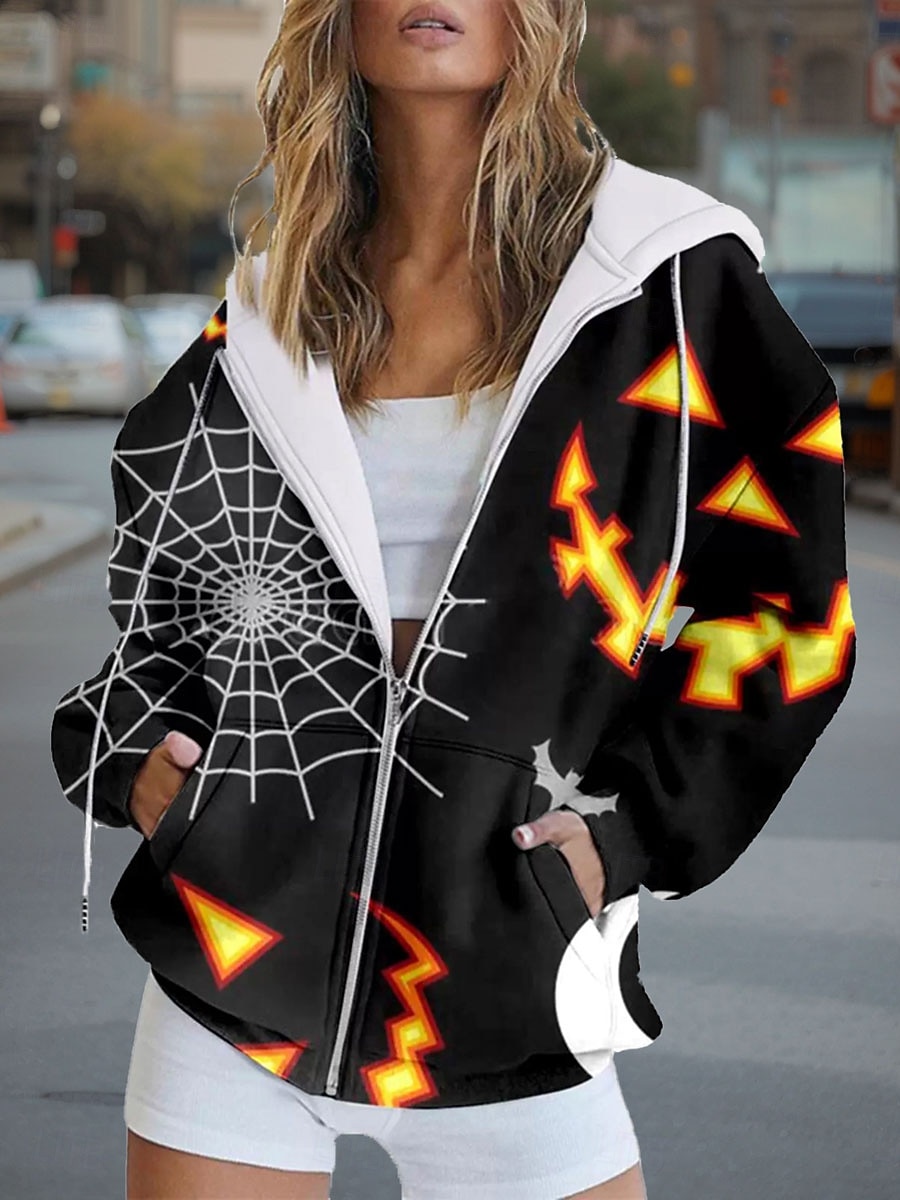 Moletons femininos com zíper para Halloween, estampa de abóbora, moda casual, manga comprida, com capuz, blusas regulares, moda urbana, uso diário, bolso com zíper, estampa, preto, amarelo, laranja, de 2025 por $26.99 –P1