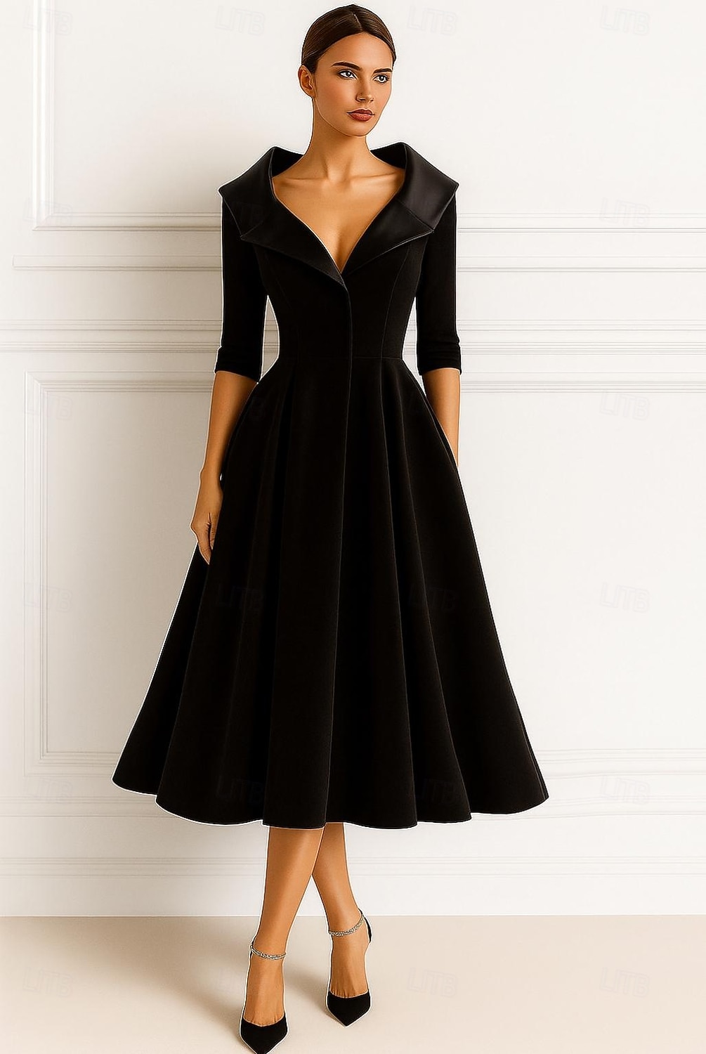 A-linje Te-lengde Festkjole Cocktail Kjole Gjestekjole til bryllup Kjole til brudens mor Langermet Skjortekrage Elegant Årgang Formell Fløyel med Ruchiing Ensfarget 2026 - $172.99 –P5