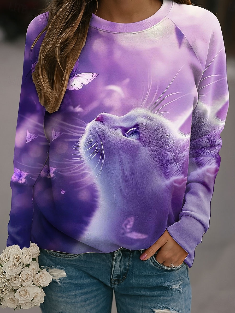 Dame Pullover Grafisk Katt Fritid Langermet Crew-hals Vanlige topper Avslappet Blå Lilla Kakifarget Grå Høst Vinter 2025 - $25.99 –P5