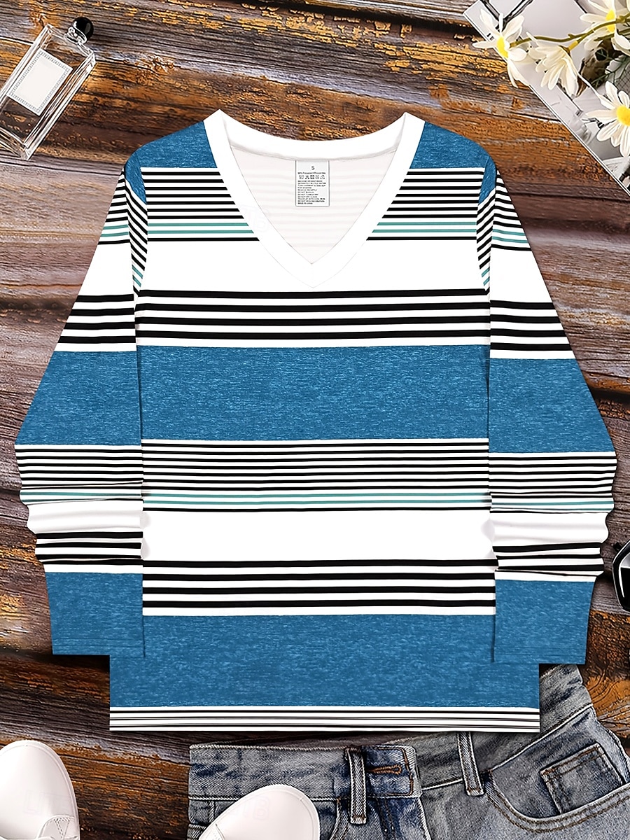 Dam T-shirt Långärmad Grafisk Geometrisk Randig Vintage Stilig Klassisk Långärmad V-ringad Regula Tops Dagstryck Kungablå Himmelblå Vår Höst Vinter Förvår 2026 - $24.99 –P2