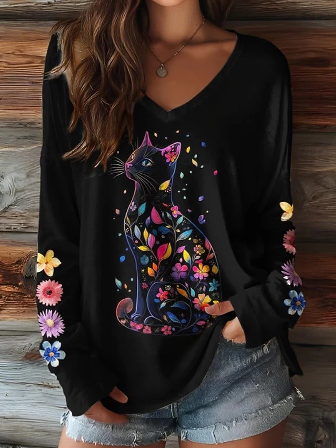 Semana Santa Mujer Camiseta Estampado Floral Graphic Gato Vintage Elegante Clásico Manga Larga Escote en Pico Tops regulares Diario Negro Amarillo Naranja Verano Primavera Otoño 2026 - $24.99 –P3
