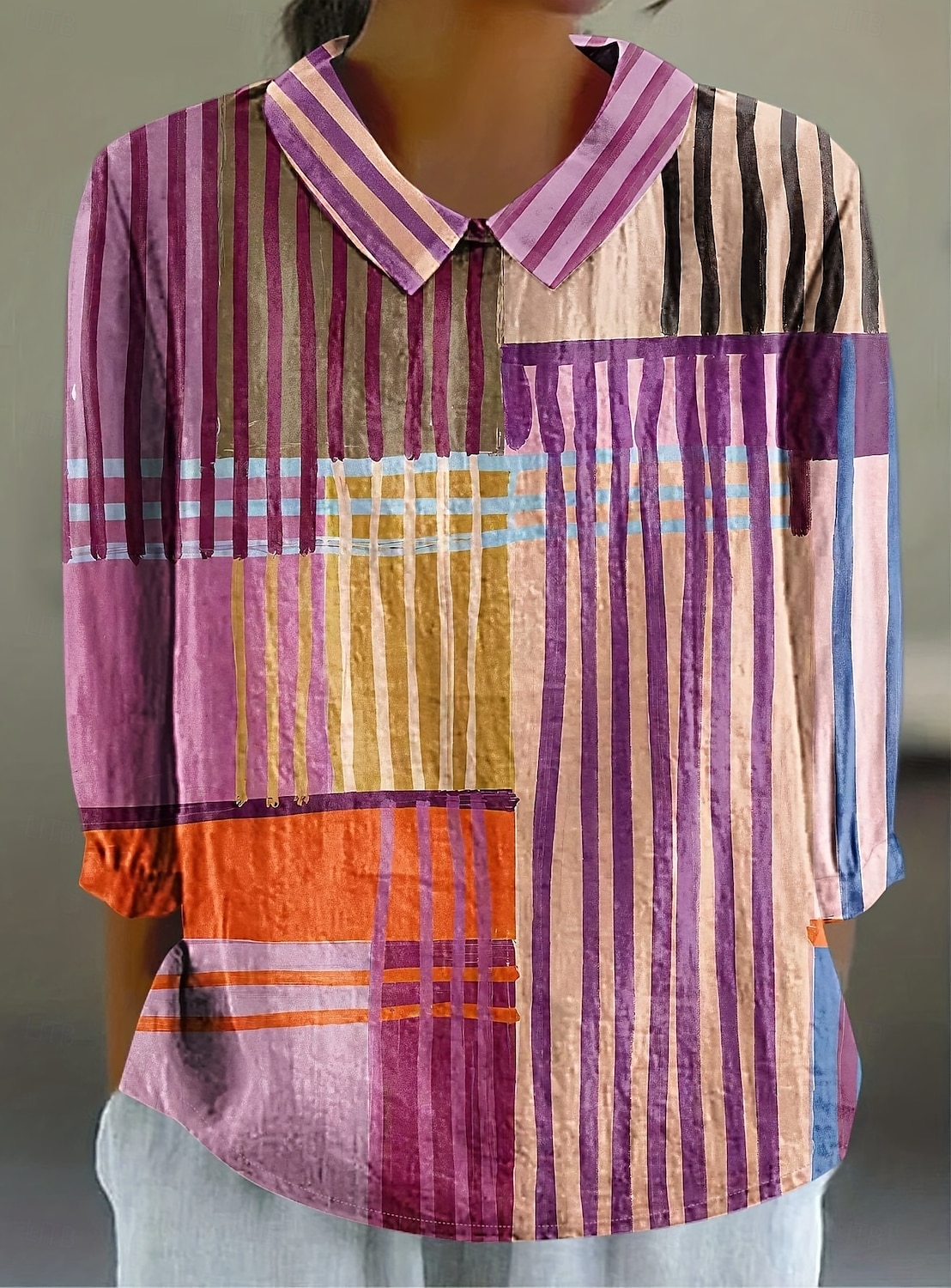 Dámská blůza s dlouhým rukávem límec Peter Pan volný styl boho grafika geometrie Bohemia vintage tropický límec klasické topy každodenní potisk růžová léto jaro podzim 2025 - $24.99 –P1
