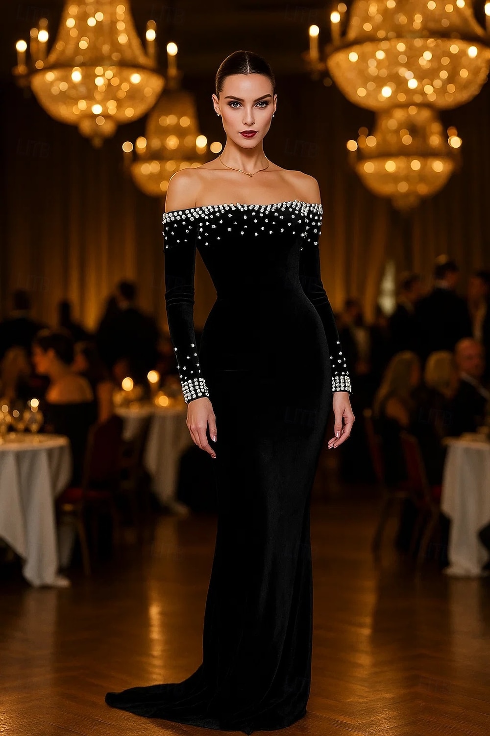 abito da sera elegante in velluto elasticizzato con cravatta nera, a sirena/tromba, con perle, formale, da sposa, strascico a ruota, manica lunga, spalle scoperte, 2025 del 2025 a $145.99 –P1