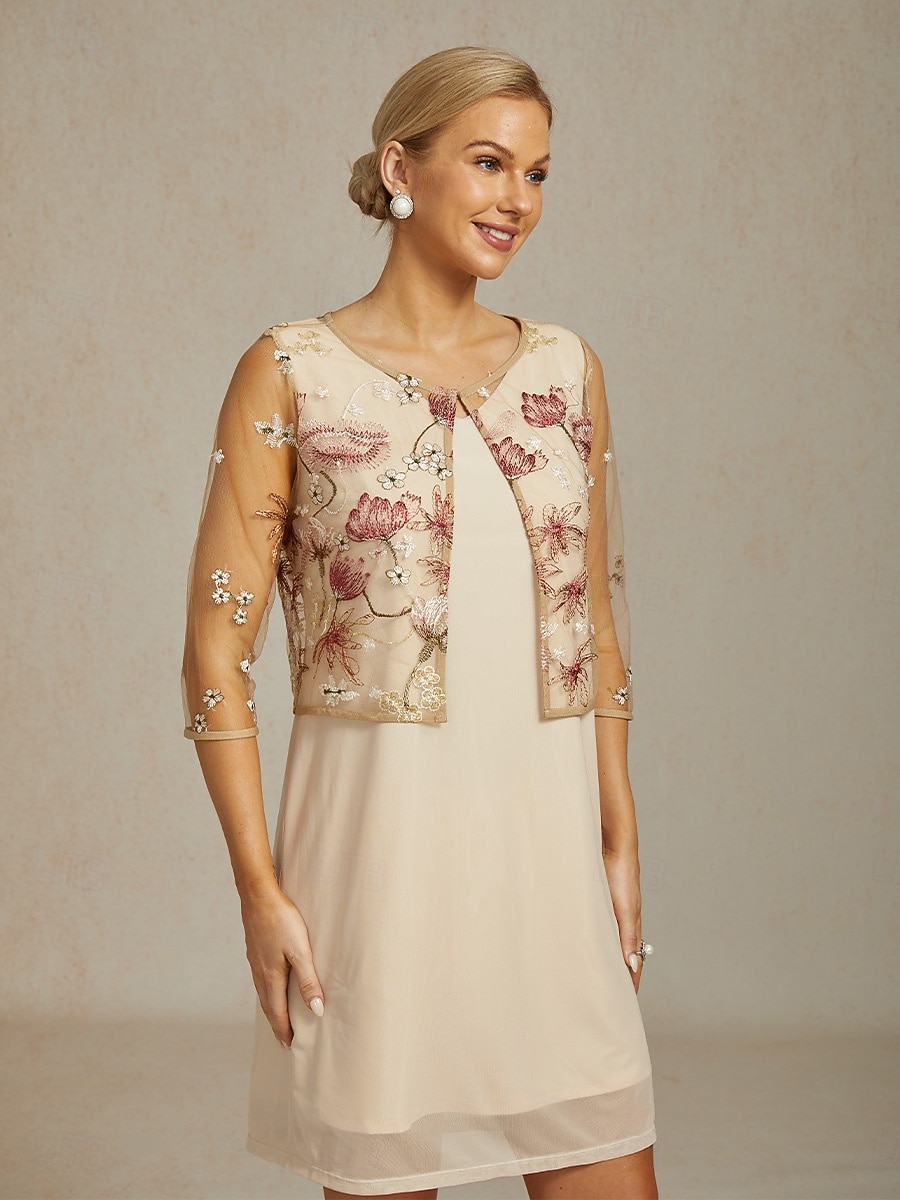Damen Schultertücher Spitzentops Blumen Elegant Dreiviertelarm Rundhalsausschnitt Champagner Sommer 2025 - $49.99 –P1