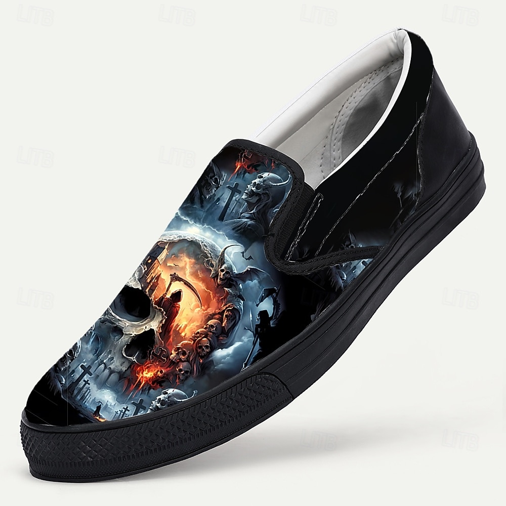 herrslip-on med halloween-dödskalletryck – kusliga, avslappnade loafers för fester, festivaler och vardagsbruk 2025 - $42.99 –P2
