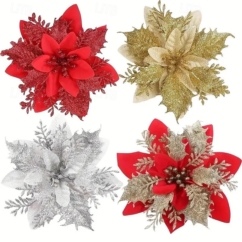 20 искусственных рождественских цветов пуансеттии с двухслойной розовой окантовкой, 5,9 дюйма, сверкающие рождественские цветочные украшения для венков, рождественской елки, свадеб и праздничного 2025 - $19.99 –P8