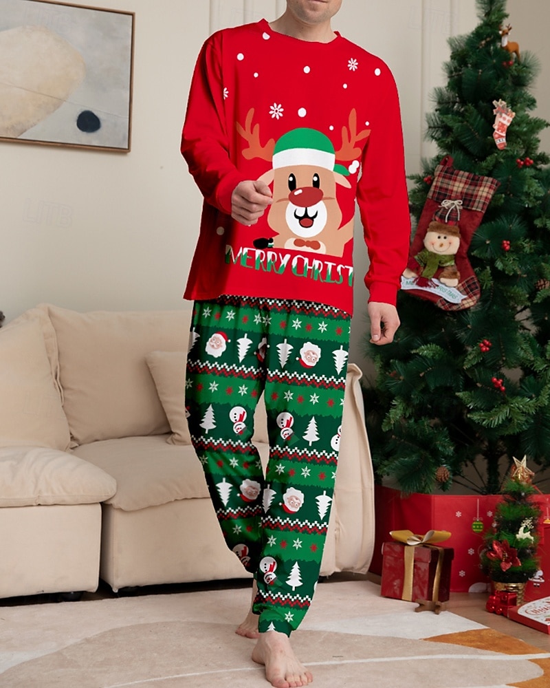 2025年 ファミリールック パジャマ クリスマス柄 家 プリント ルビーレッド 長袖 活発的 マッチング衣装  コレクション – $19.49 –P4