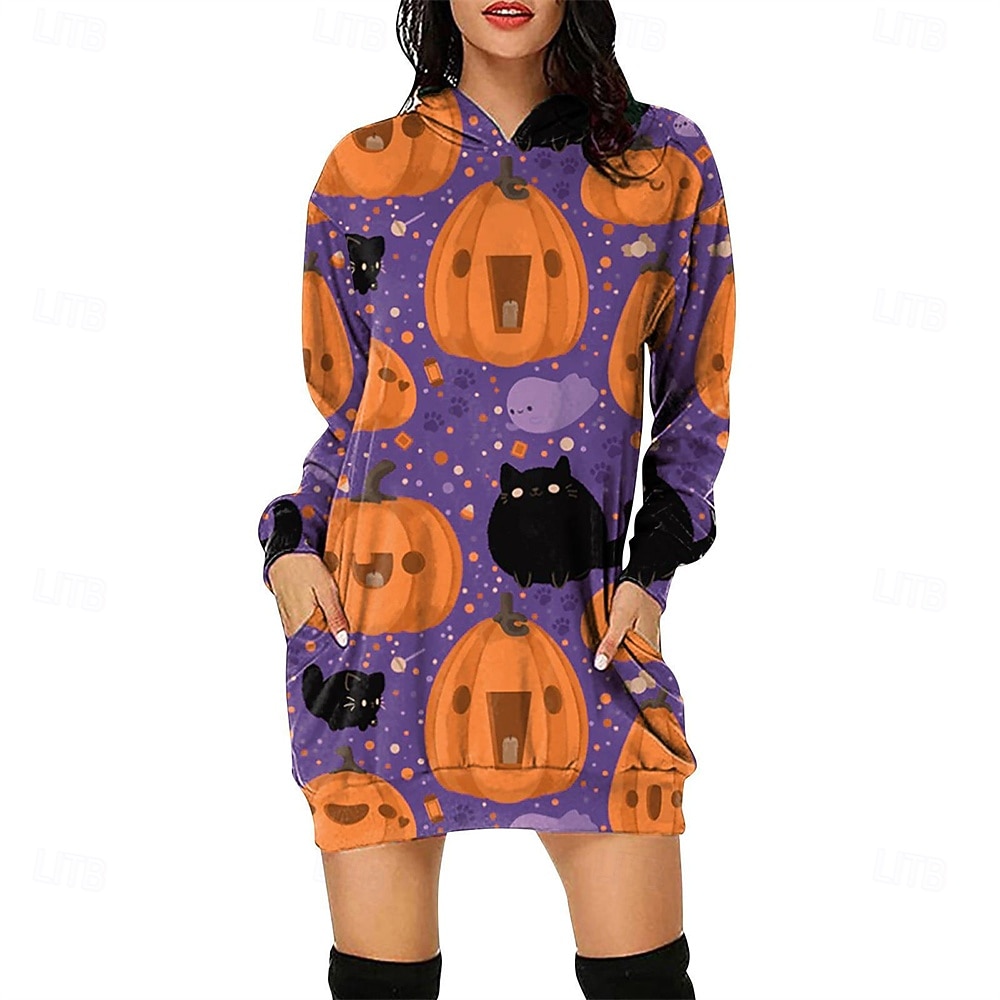 Femmes Mini Robe Robe à Capuche Robe Décontractée Mode Moderne Halloween Quotidien Week-end Coupe régulière Potiron manche longue À capuche Jaune Bleu Violet Vert Printemps Automne de 2025 ? $21.99 –P5