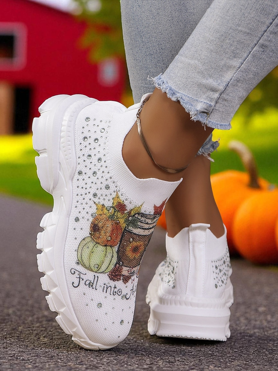 Dámské flyknit nazouvací tenisky s podzimním potiskem dýňově-kávové – lehké ležérní podzimní vycházkové boty na Halloween a Dožínky 2025 - $26.99 –P5