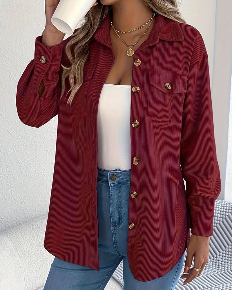 Per donna Camicia Blusa con texture Blusa Semplice Moderno Casual Manica Lunga Colletto a Camicia Top Regolari Quotidiano Uscire Tasca Bottoni Nero Vino Cachi Autunno del 2025 a $26.99 –P12