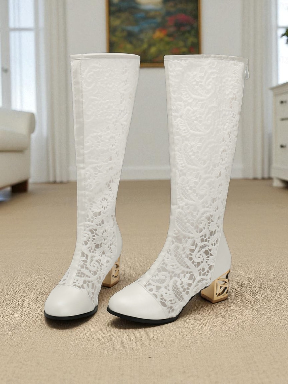 Dámské bílé krajkové kozačky do půli lýtek s dutými vyřezávanými zlatými podpatky - elegantní síťované společenské kozačky na svatby, zahradní párty a viktoriánský cosplay 2025 - $59.99 –P3