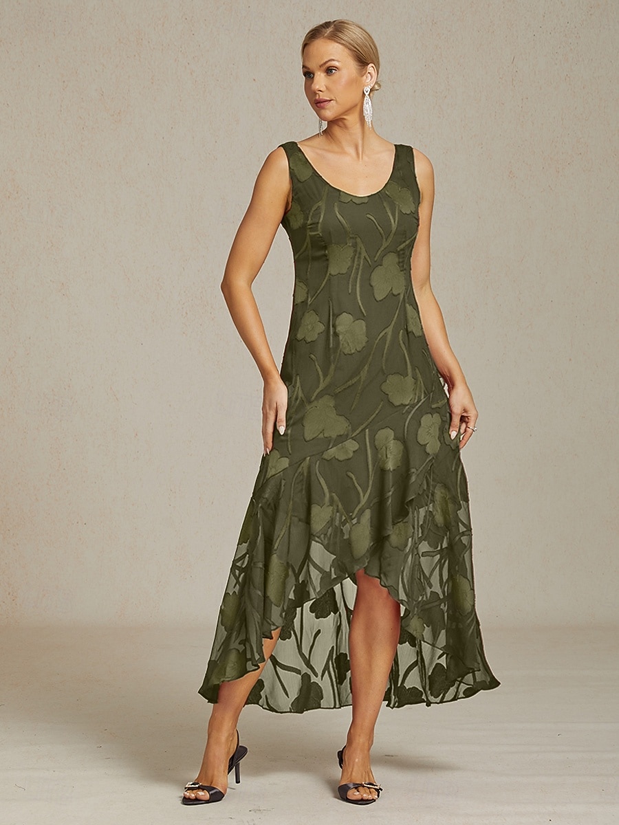 Dame Maxikjole Rysjekjole Elegant Bryllup Bryllupsgjest Aftenselskap Blomstret Ermeløs U-hals Oliven Sommer Vår 2025 - $69.99 –P2