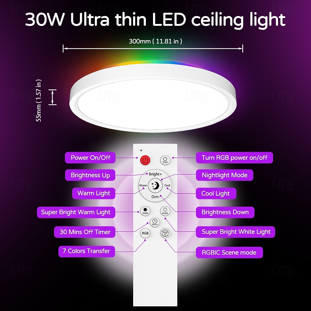 גוף תאורת תקרה חכם RGB LED 2700lm עובד עם Alexa 2700k-6500k גוף תאורה להתקנה שטוחה צבעים DIY WiFi ניתן לעמעום גוף תאורה סביבתי נמוך לחדר שינה, סלון, מסיבה 2025 - $57.99 –P4