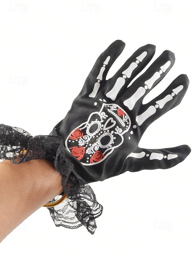 Damen-Halloween-Skeletthandschuhe – schwarze Spitzenmanschette mit Zuckerschädel-Aufdruck, Kostümzubehör für Party, Cosplay und Nachtleben 2026 - $7.99 –P6