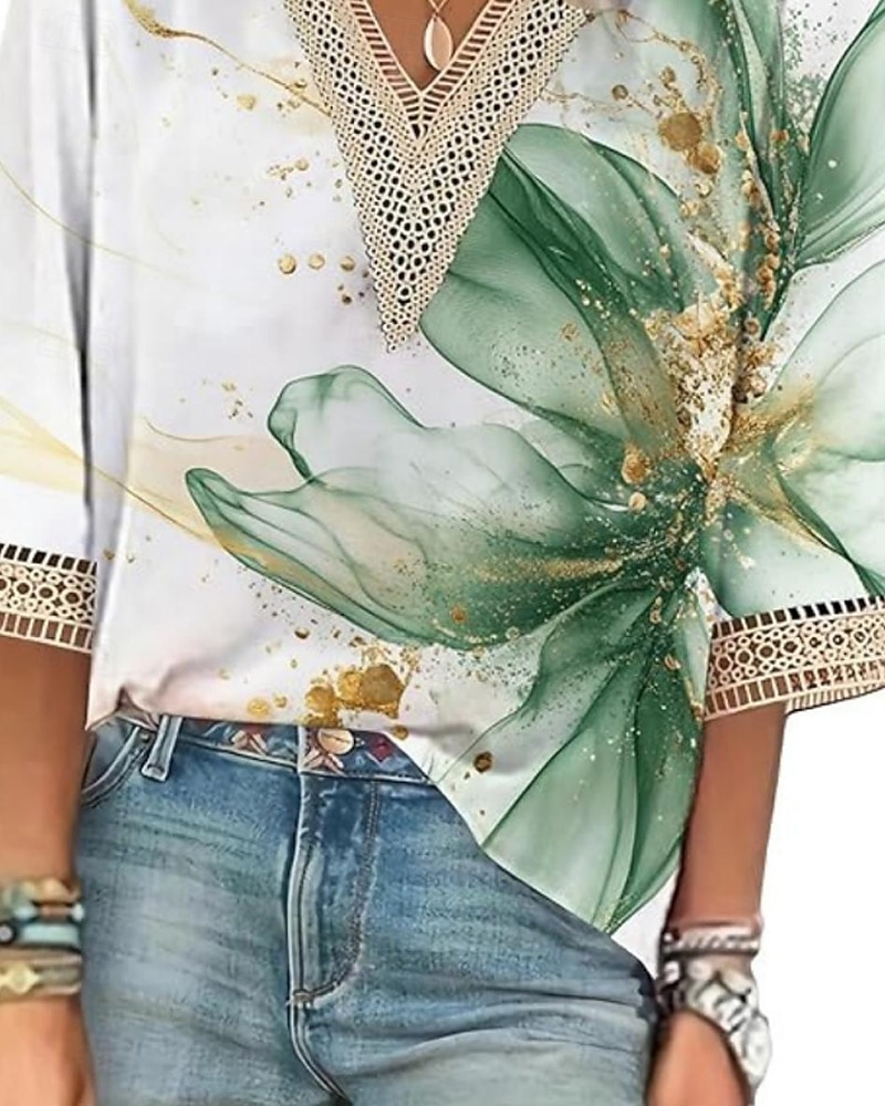Women's Lace Shirt Blouse Flower Modern Casual 3/4 Length Sleeve V