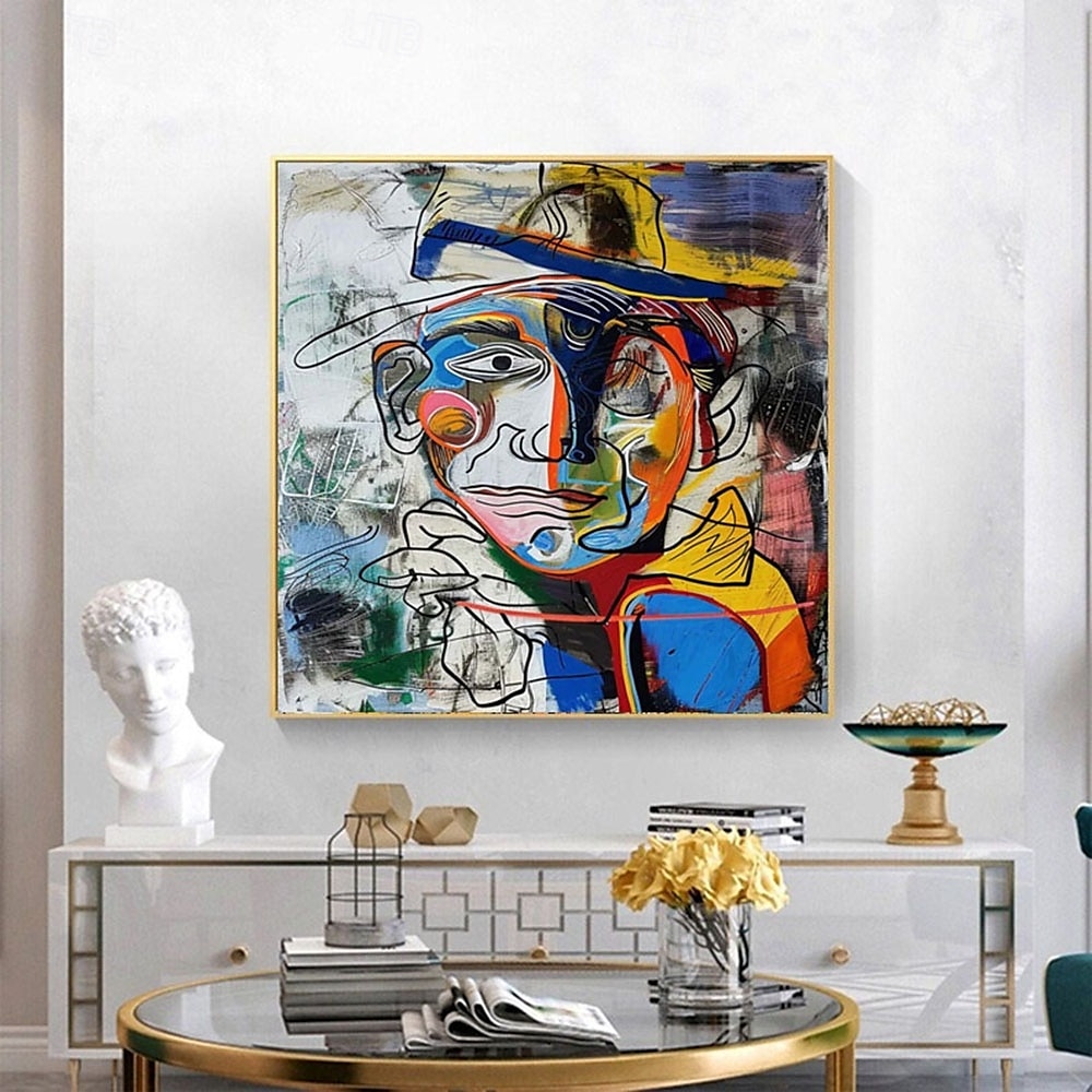 pintura a óleo feita à mão, retrato abstrato, arte, bloqueio de cores em negrito, arte expressionista moderna, paleta vibrante, contraste, azul, amarelo, vermelho, pinceladas expressivas, tela de 2025 por $201.49 –P4