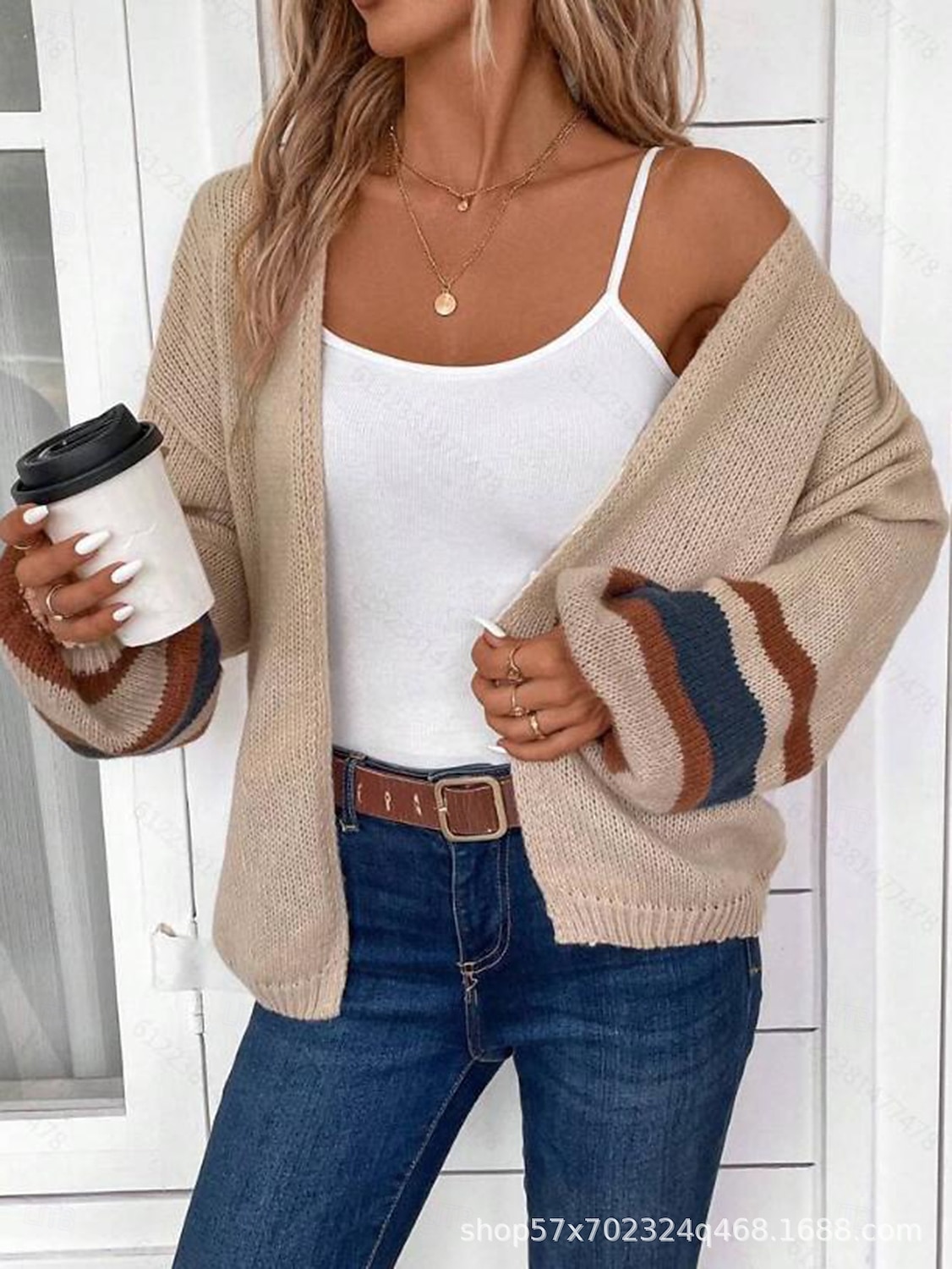 Dame Kofte Elegant Ferie Årgang Åpen Forside Stripe Drop Shoulder Langermet Vanlige topper Strikke Skole Hjem Fest Svart Kakifarget Høst Vinter 2025 - $28.99 –P7