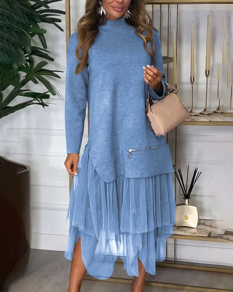 Dam Midiklänning Klänning Set Mode Modern Utomhus Semester Helgdag Normal Slät Långärmad Polokrage Svart Blå Brun Grå Vinter 2025 - $31.99 –P2