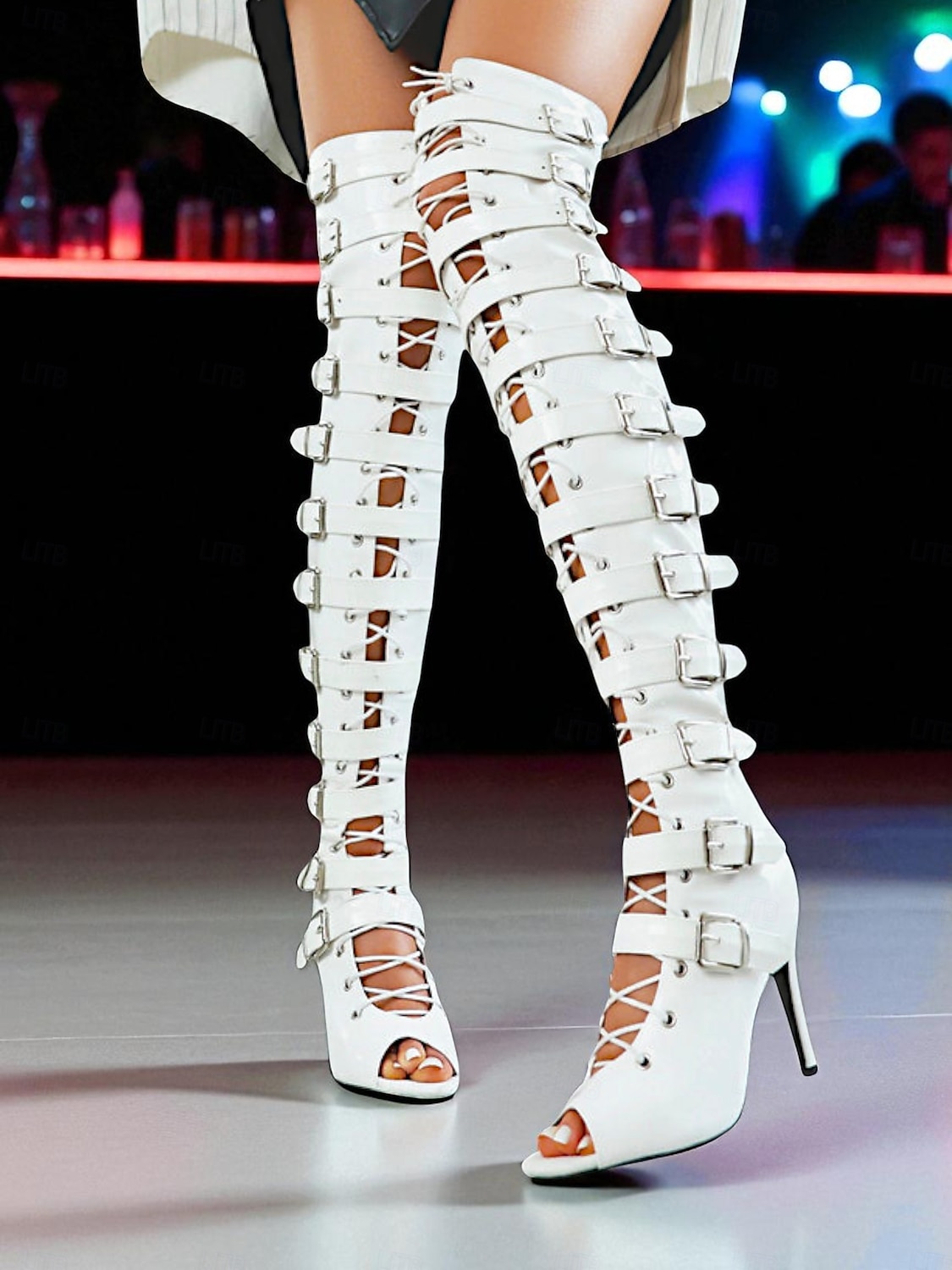 Botas femininas brancas com fivela alta na coxa - botas de festa sexy com salto agulha e peep toe para mulheres, calçados da moda gótico punk para boates, apresentações de palco e festivais de 2025 por $94.99 –P3