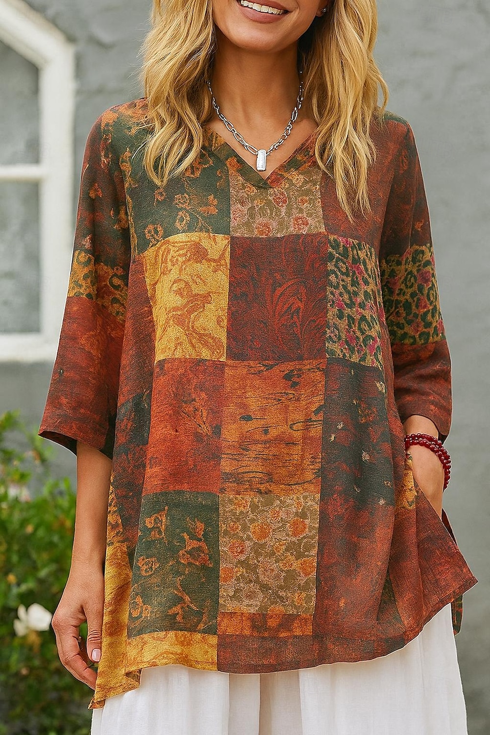 Per donna Camicie di cotone e lino Floreale Grafico Bohemien Elegante Essenziale Manica 3/4 Scollo a V Top Regolari Quotidiano Stampato Rosso Verde Estate Primavera del 2025 a $31.99 –P4