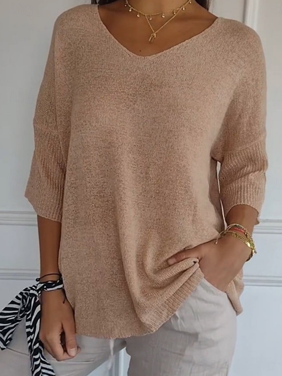 Per donna Felpa Maglione Quotidiano Elegante Casual Tinta unica A Coste Scollo a V Lavorato a maglia Manica 3/4 Top Regolari Maglia All'aperto Quotidiano Nero Bianco Estate Primavera del 2025 a $21.99 –P6