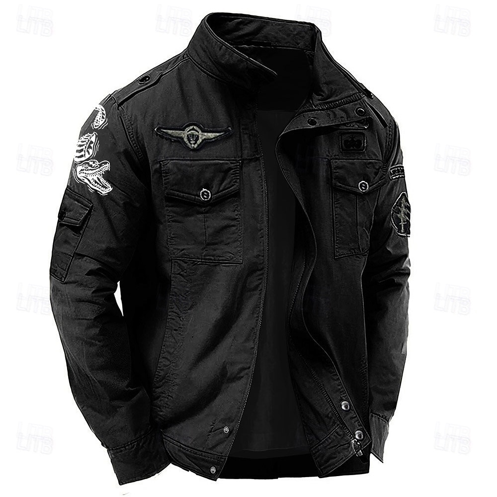 Herren Krokodil Cargo-Jacke Windbreaker Militärjacke Praktisch Lässig Outdoor Campen und Wandern Bestickt Seitentaschen Frontreißverschluss Herbst Winter Stehkragen Langarm Schwarz Kaki Armeegrün 2025 - $49.99 –P1
