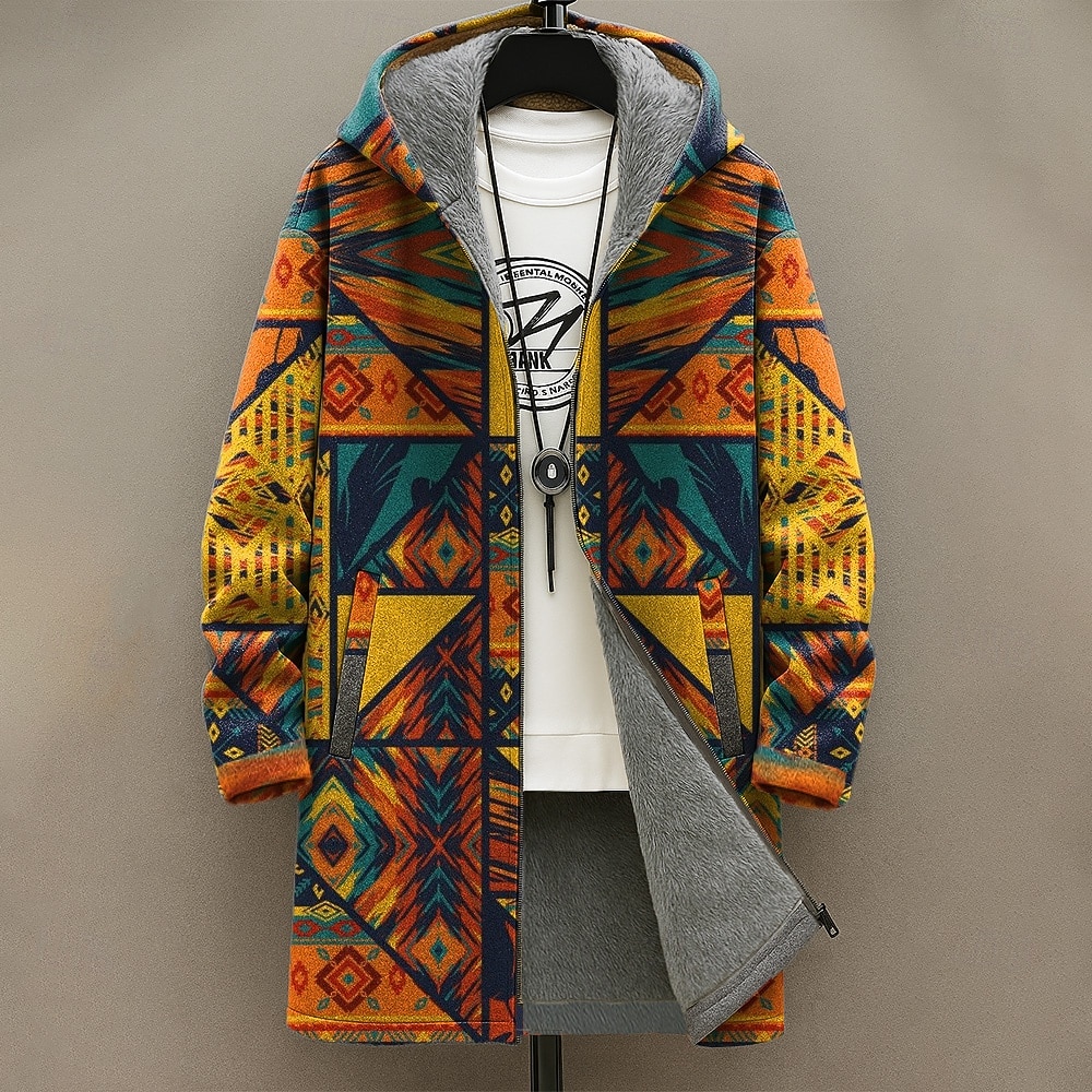 Herr Geometrisk Vinterkappa Fleece-jacka Kappa Håller värmen Bekväm Ledigt Dagliga kläder Dragkedja Ficka 3D-utskrift Höst Vinter Huva Långärmad Rubinrött Blå Grön 2025 - $54.99 –P1