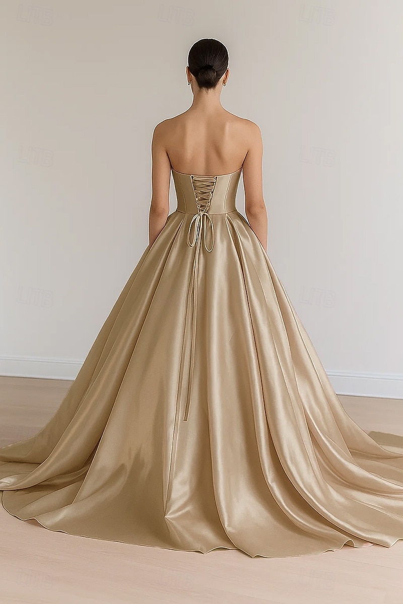 Vestido de baile de cetim elástico, vestido de noite elegante, vestido formal de casamento, cauda longa, sem mangas, sem alças, com pregas e cadarço 2025 de 2025 por $167.99 –P2