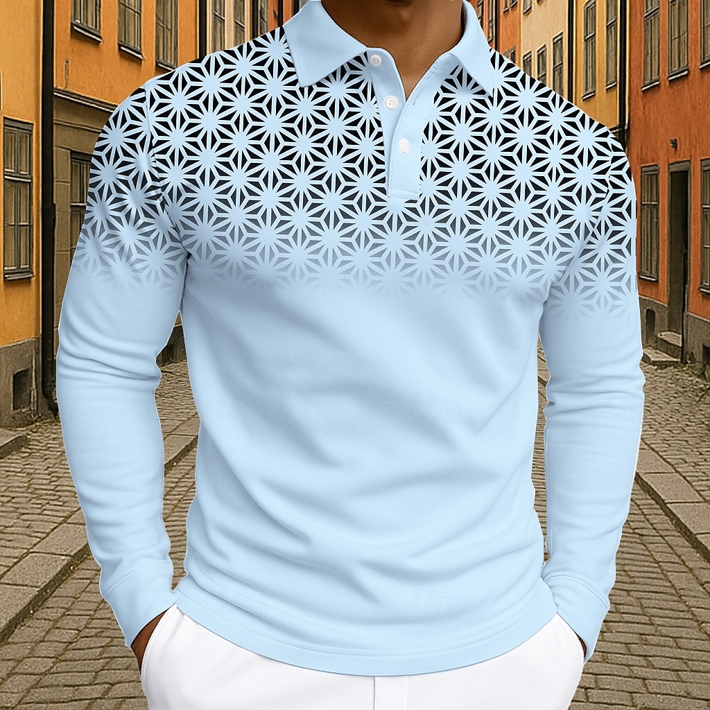 Herr Geometrisk Polo Långärmad Polotröjor Kavajslag Business Casual Fritids- Dagliga kläder 3D-utskrift Knappar Vår Höst Vinter Svart Vit Blå 2025 - $21.99 –P1