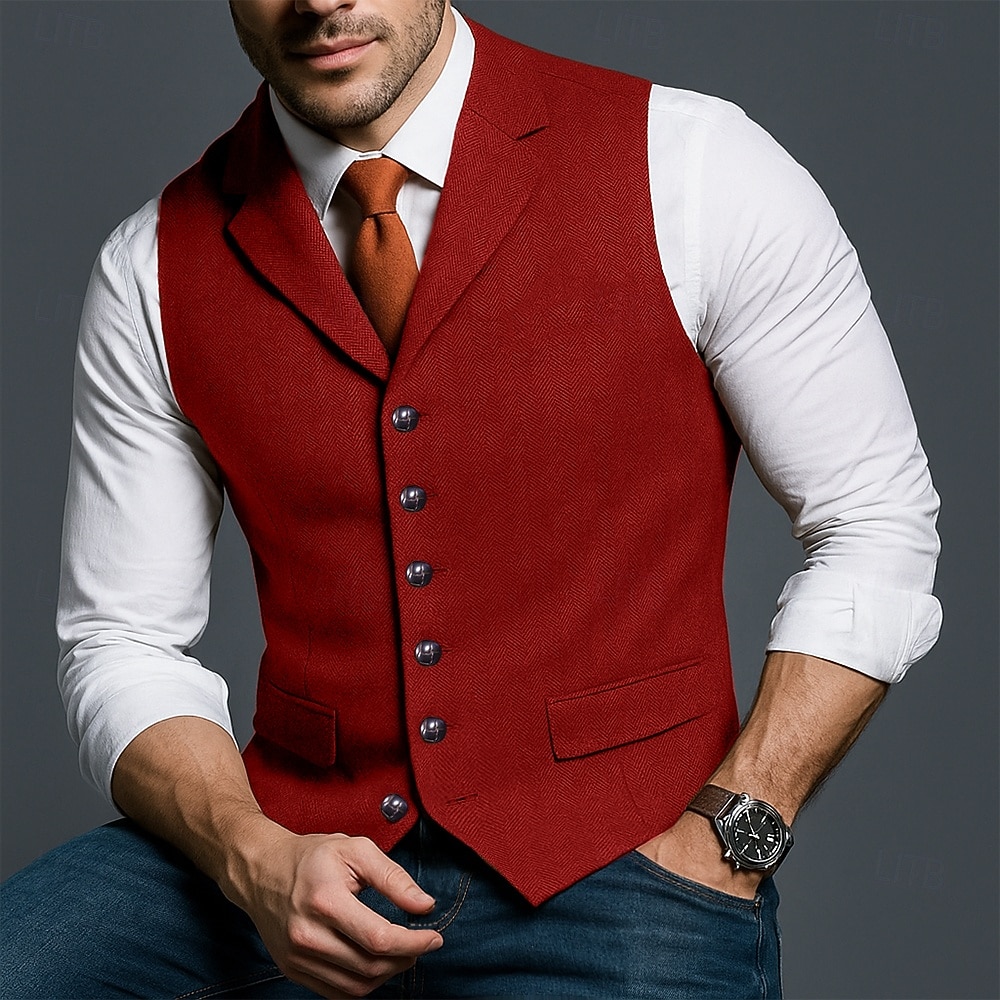 Herren Tweedweste Weste Formell Hochzeit Urlaub Täglich Mode Klassisch Frühling Herbst Tasche Knöpfe Polyester Tweed Bequem Einfach Fischgrätenmuster Einreihig V Ausschnitt Revers Schmale Passform 2025 - $35.99 –P6